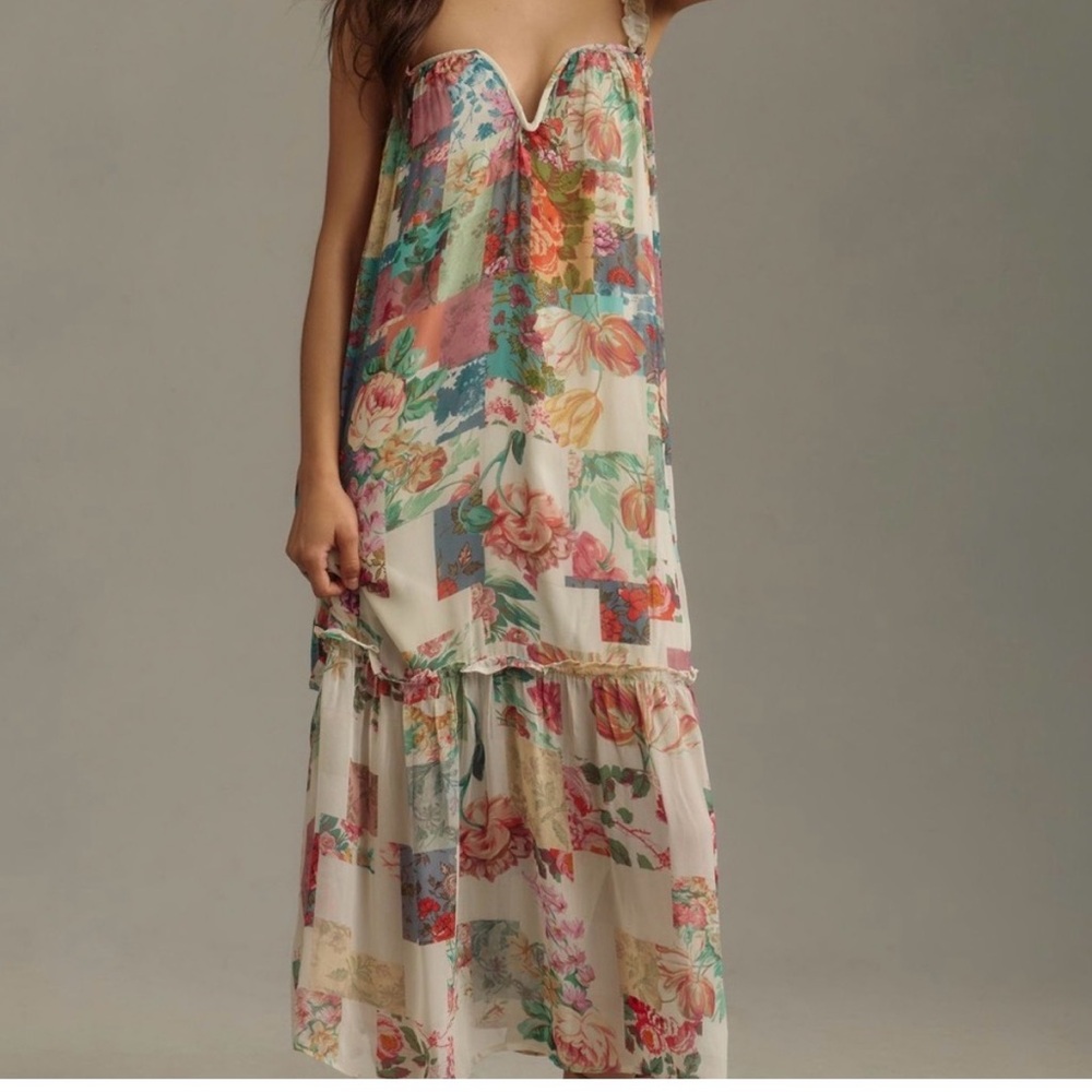 Anthropologie Floral Maxi Dress in Cream, Pink, Green